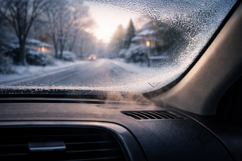Frosted morning view through windshield